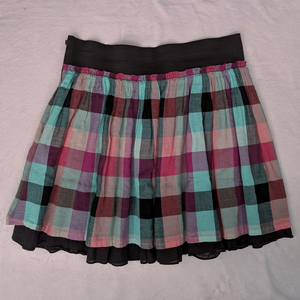 Kensie Black and Multicolor Plaid Skater Skirt